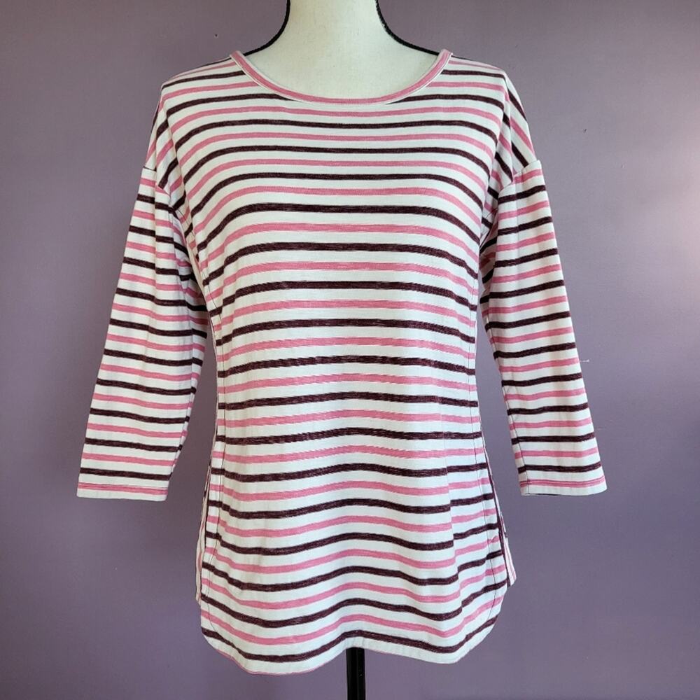 T by Talbots 100% Cotton Pink & White Striped Half Sleeve Crew Neck Pullover